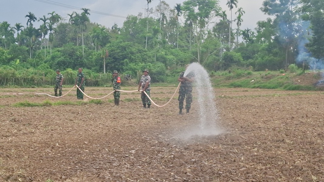 Cuaca Terik Tak Surutkan Semangat, Satgas TMMD Kodim 0102/Pidie Manfaatkan Armada Damkar TNI AD Siram Benih Jagung
