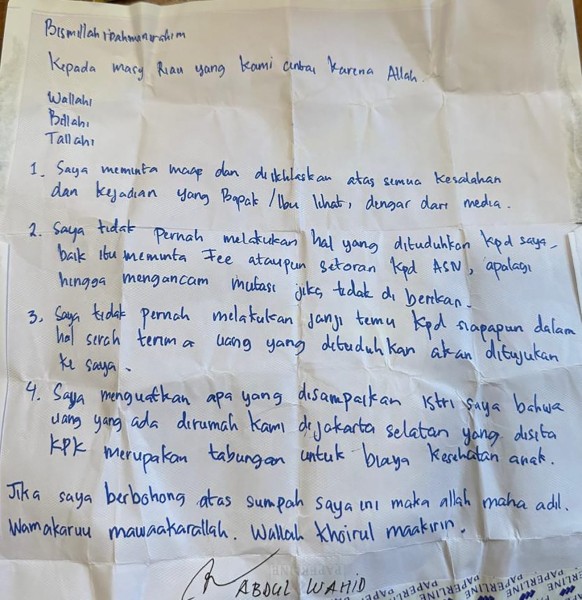 Beredar Surat Sumpah Abdul Wahid, KPK Tegaskan OTT Gubri Sesuai SOP