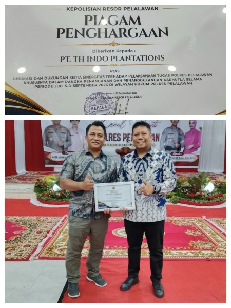 PT THIP Raih Penghargaan Kapolres Pelalawan, Komitmen Perkuat Sinergi Cegah Karhutla