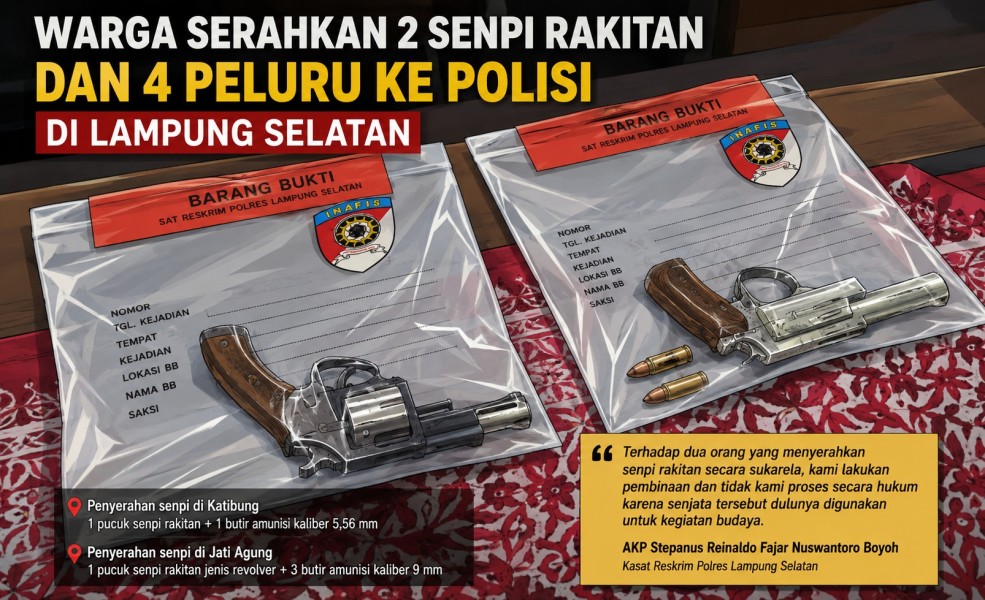 Warga Serahkan 2 Senpi Rakitan dan 4 Peluru ke Polisi di Lampung Selatan
