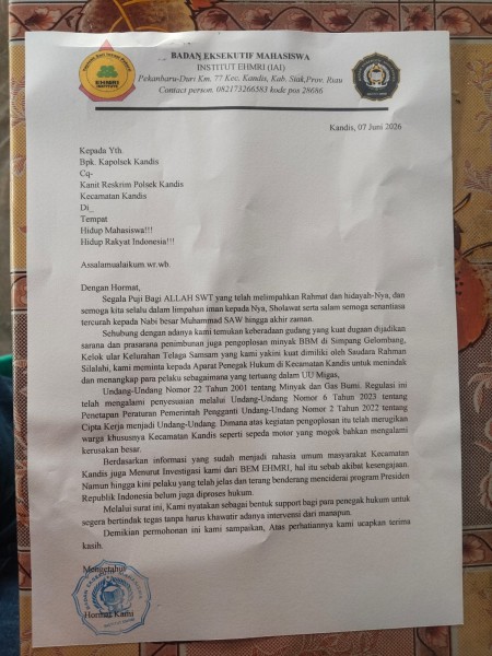 BEM EHMRI Laporkan Dugaan Pengoplosan BBM Ilegal di Kandis, Sepekan Berlalu Belum Ada Tindakan Dari Polisi