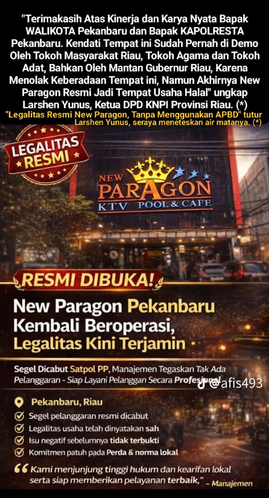 THM New Paragon Kembali Beroperasi, Larshen Yunus Apresiasi Kinerja Walikota dan Kapolresta Pekanbaru