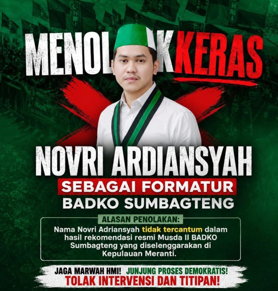HMI Cabang Kepulauan Meranti menyatakan mosi tidak percaya dan menolak Novri Ardiansyah sebagai Formature HMI BADKO SUMBAGTENG