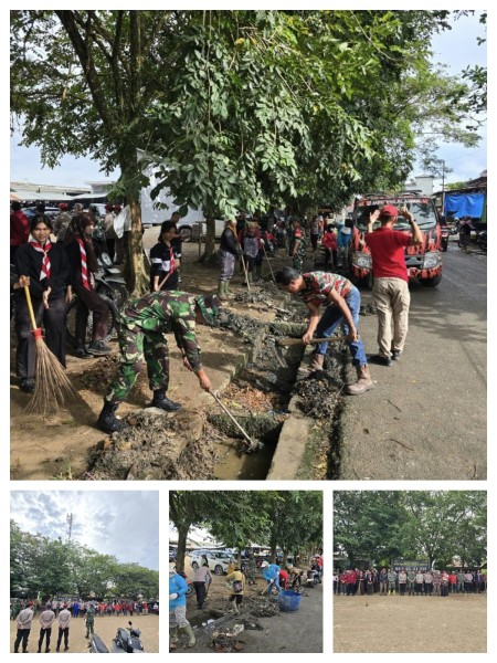 HUT ke-81 TNI, Kodim 0313/KPR dan Tiga Pilar Bersihkan Pasar Baru Pangkalan Kerinci