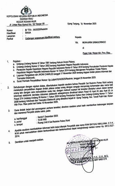 Dilaporkan Wabup Rohil, Muhajirin Siringo Ringo Siap Penuhi Panggilan Penyidik Polres Rohil