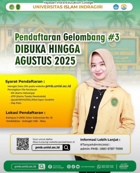Pendaftaran Mahasiswa Baru Universitas Islam Indragiri Gelombang 3 Dibuka Hingga Agustus 2025
