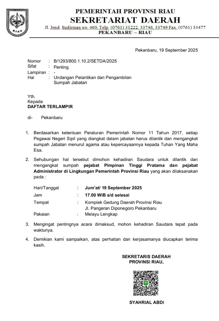 Undangan Sudah Beredar, akan Ada Pelantikan Pejabat Pemprov Riau Sore Ini