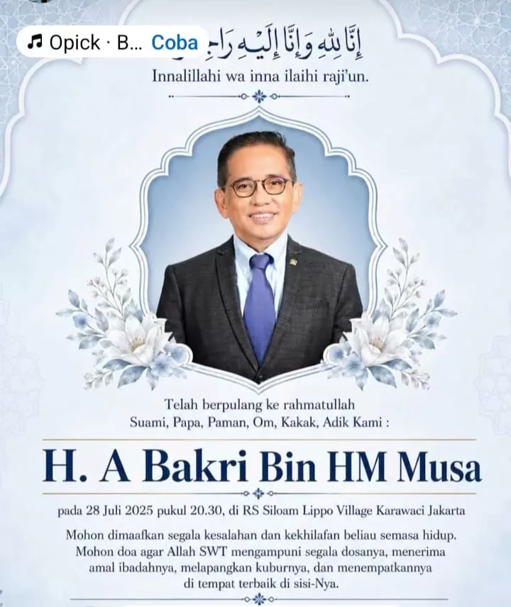 Jambi Berduka, H. A. Bakri Tutup Usia di Jakarta, Akan Dimakamkan di Muaro Jambi