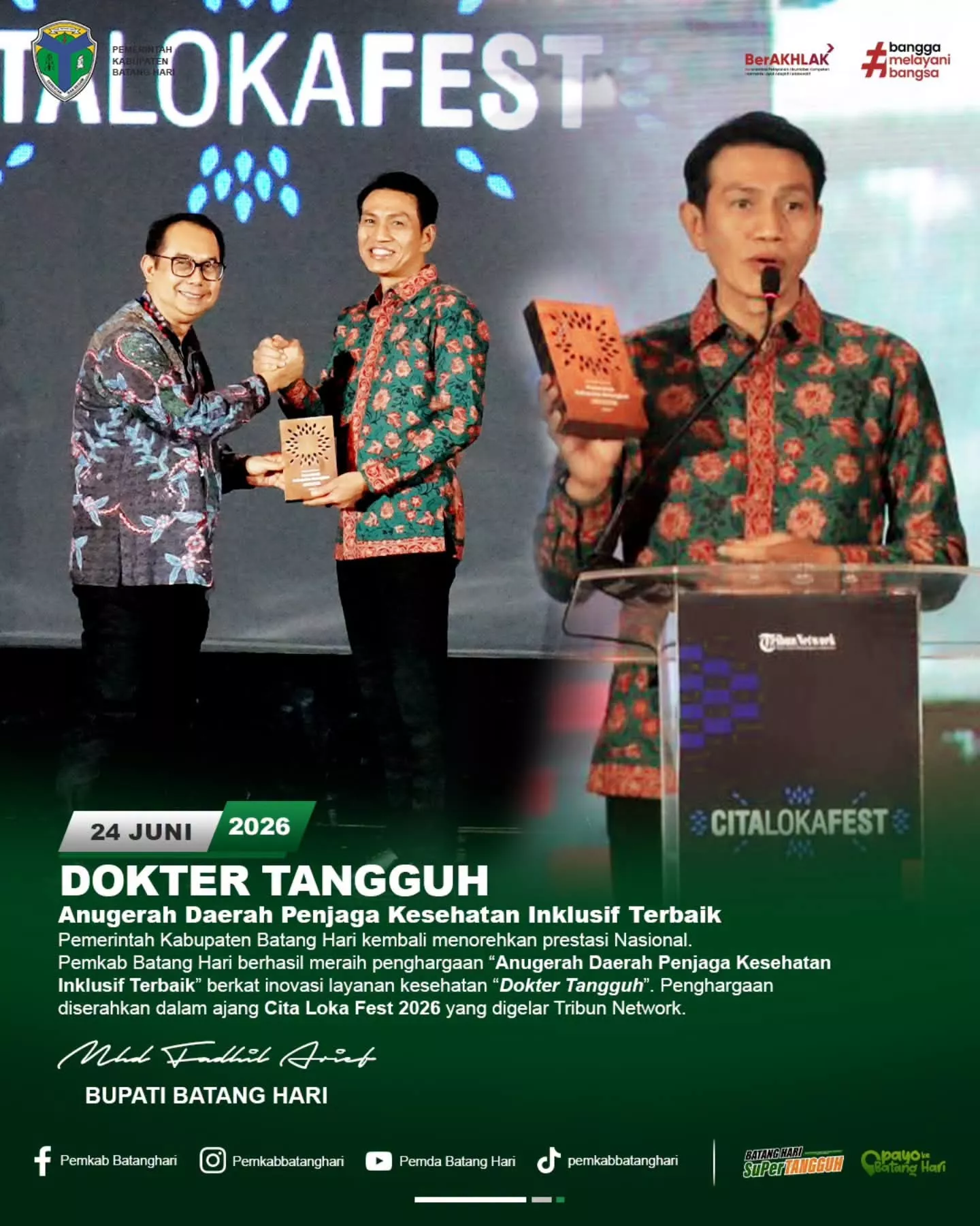 Pemkab Batang Hari Raih Penghargaan Nasional, Inovasi “Dokter Tangguh” Dinobatkan sebagai Penjaga Kesehatan Inklusif Terbaik