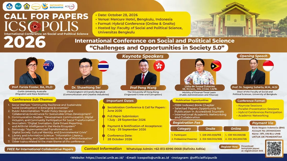 ICSOPOLIS 2026 FISIP UNIB Hadirkan Peneliti 11 Negara, AI dan Masa Depan Media Ikut Dibahas
