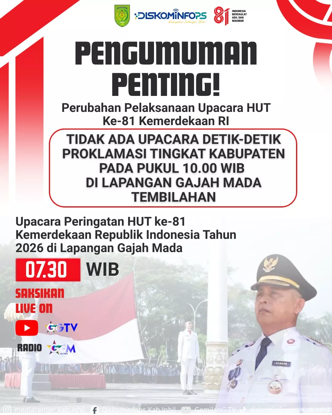 Upacara HUT ke-81 RI di Inhil Maju ke Pukul 07.30 WIB, Tak Ada Detik-Detik Proklamasi