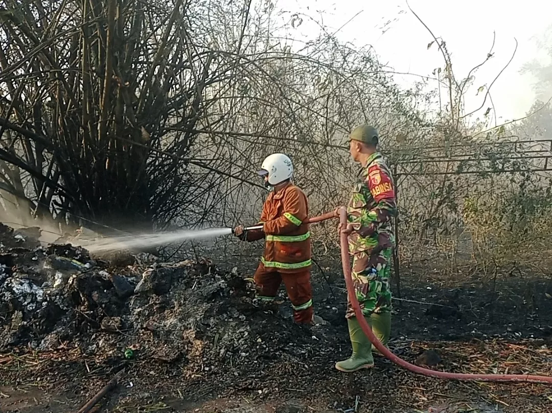 Babinsa Koramil Jombang Bantu Padamkan Kebakaran Lahan di Denanyar