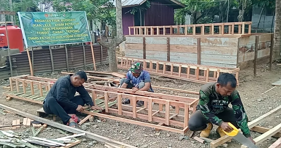 Mewujudkan Kemandirian Pangan, Satgas Kodim 0102/Pidie Bangun Kandang Ayam Petelur untuk Warga