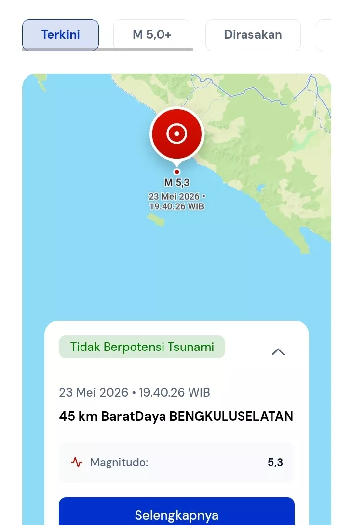 Gempa M 5,3 Guncang Bengkulu Selatan, Warga Sempat Berhamburan Keluar Rumah