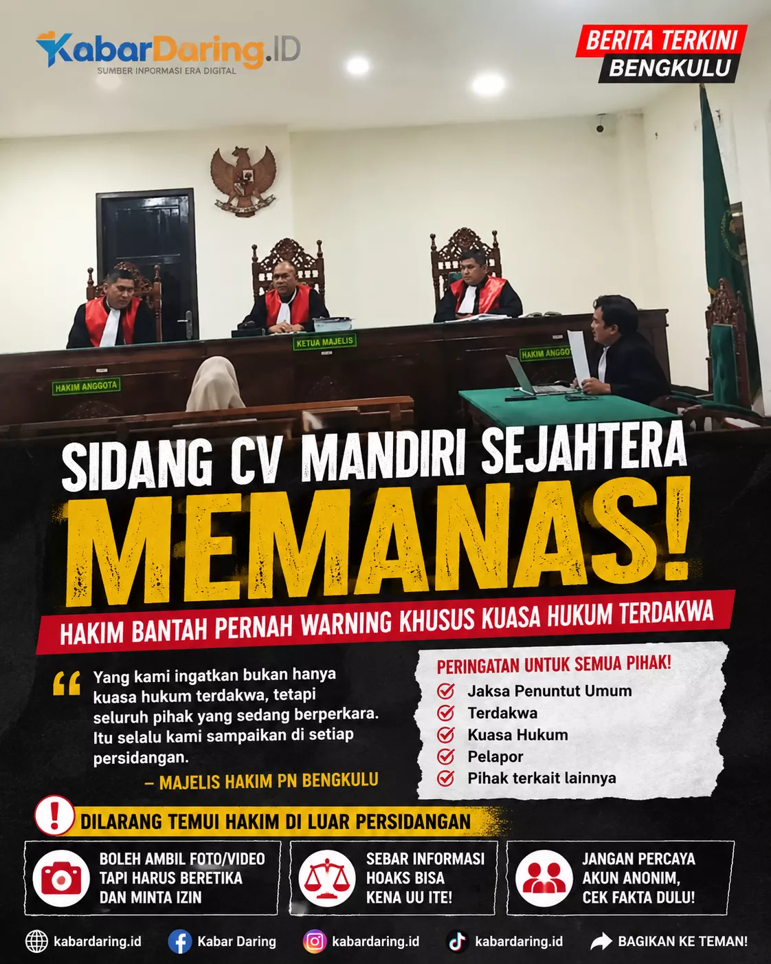 Sidang CV Mandiri Sejahtera Memanas, Majelis Hakim Bantah Pernah Warning Khusus Kuasa Hukum Terdakwa