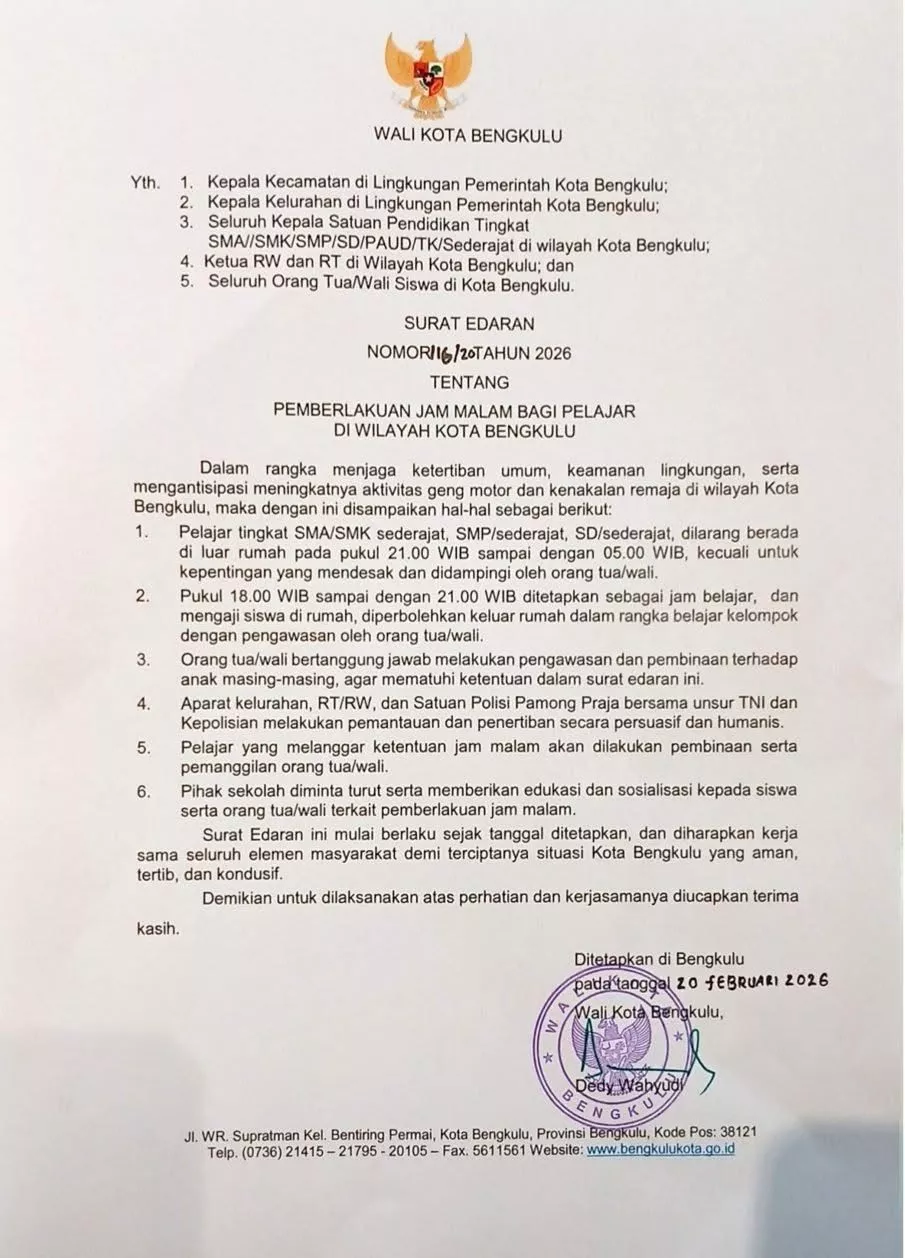 Wali Kota Bengkulu Terbitkan Surat Edaran Jam Malam Pelajar, Berlaku Mulai 20 Februari 2026