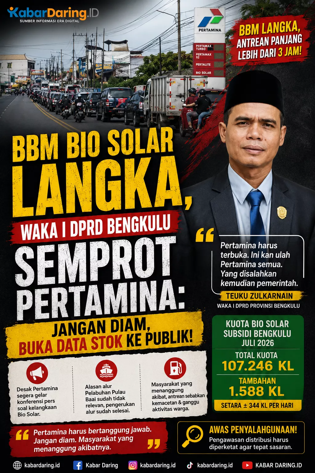 BBM Bio Solar Langka, Waka I DPRD Bengkulu Semprot Pertamina: Jangan Diam, Buka Data Stok ke Publik