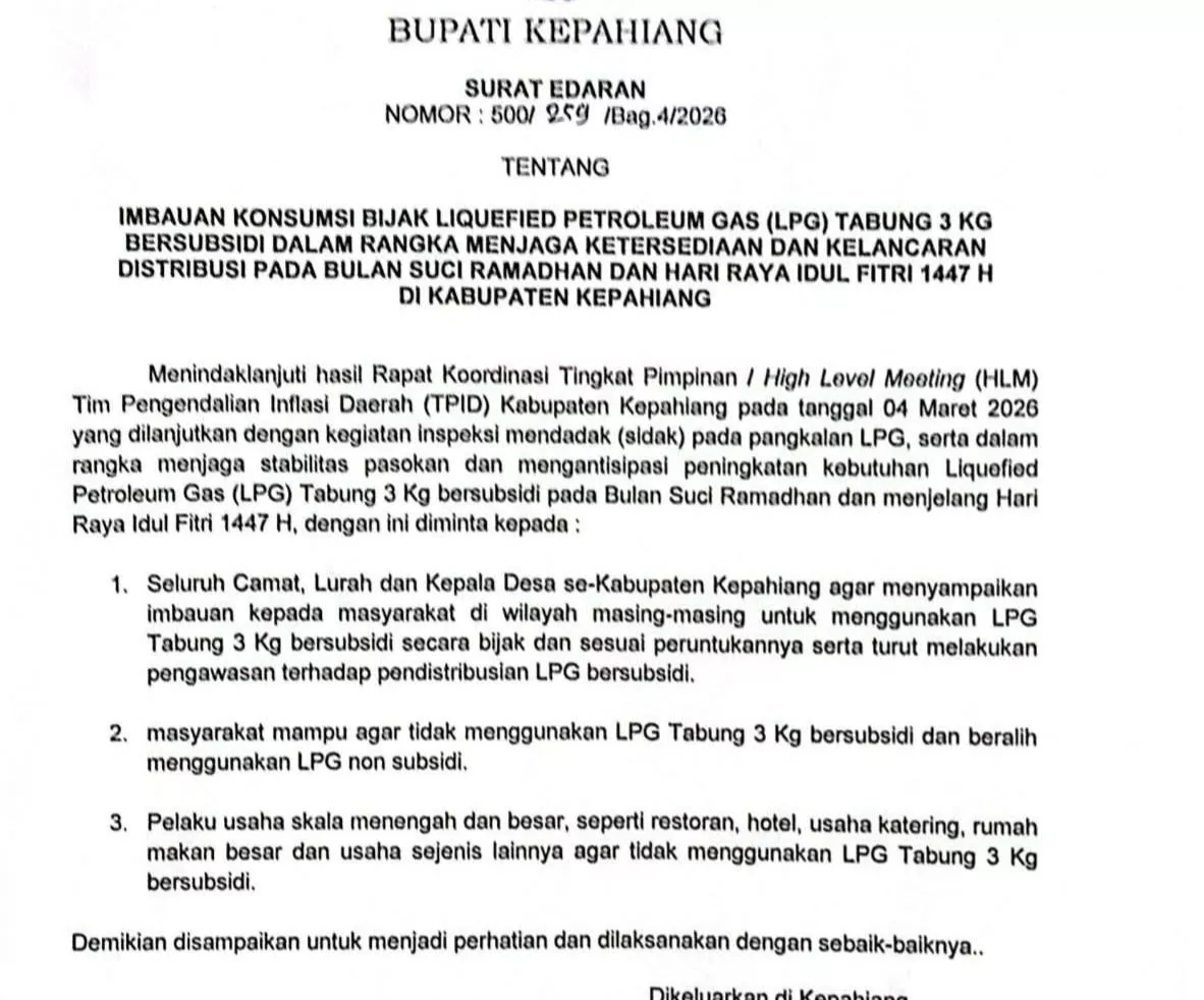 Bupati Kepahiang Terbitkan Edaran, Masyarakat Diminta Bijak Gunakan LPG 3 Kg Selama Ramadan