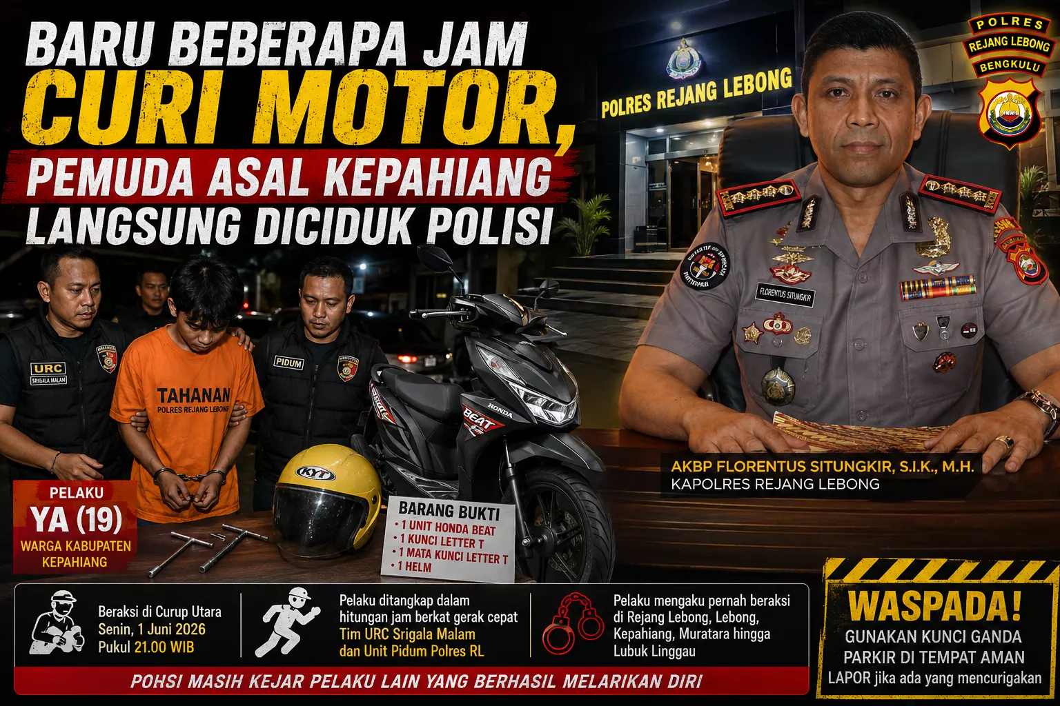 Baru Beberapa Jam Curi Motor, Pemuda Asal Kepahiang Langsung Diciduk Polisi