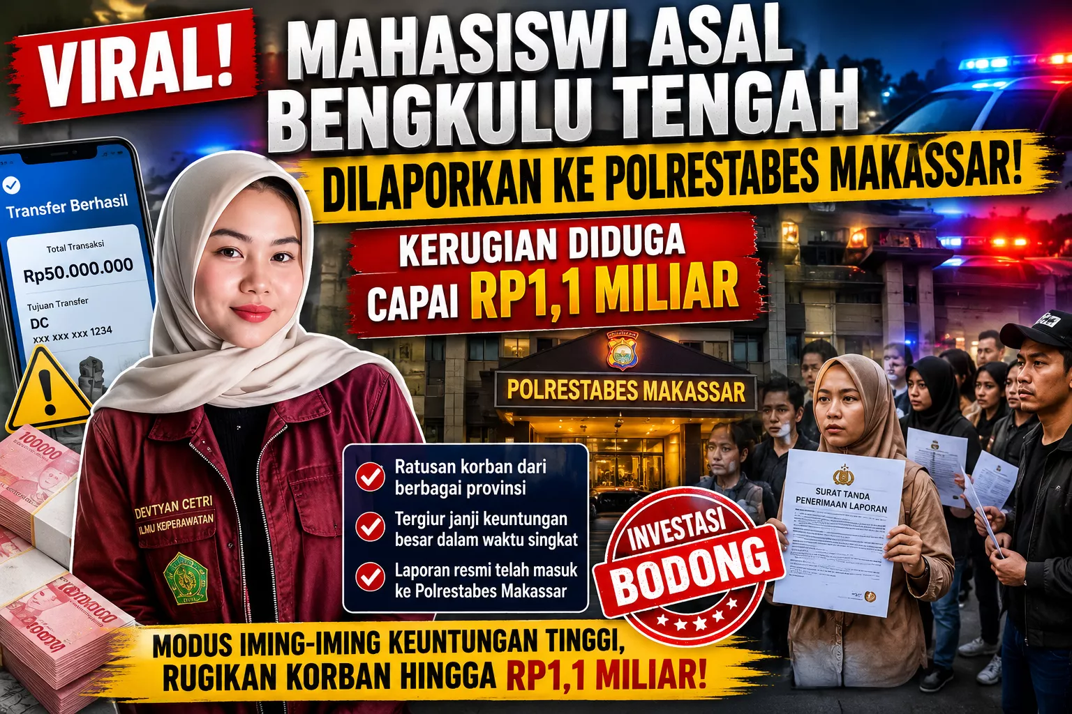 Viral! Mahasiswi Asal Bengkulu Tengah Dilaporkan ke Polrestabes Makassar, Kerugian Diduga Capai Rp1,1 Miliar