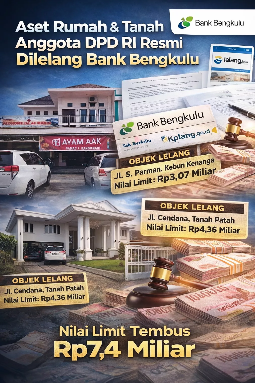 Aset Mewah Anggota DPD RI Dilelang Imbas Kredit Macet Rp 5 Miliar di Kepahiang