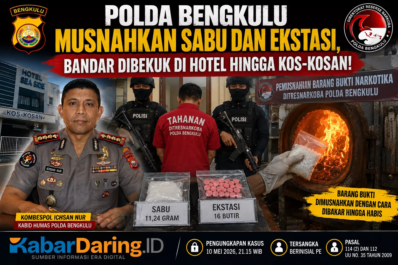 Polda Bengkulu Musnahkan Sabu dan Ekstasi, Bandar Dibekuk di Hotel hingga Kos-kosan