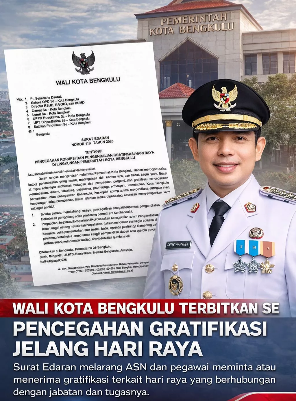 Wali Kota Bengkulu Terbitkan SE Pencegahan Gratifikasi Jelang Hari Raya