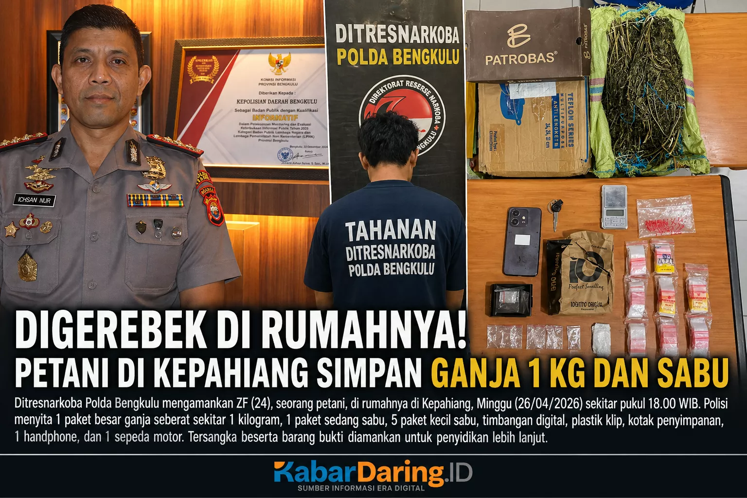 Digerebek di Rumahnya! Petani di Kepahiang Simpan Ganja 1 Kg dan Sabu