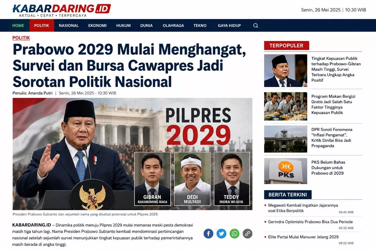 Prabowo 2029 Mulai Menghangat, Survei dan Bursa Cawapres Jadi Sorotan Politik Nasional