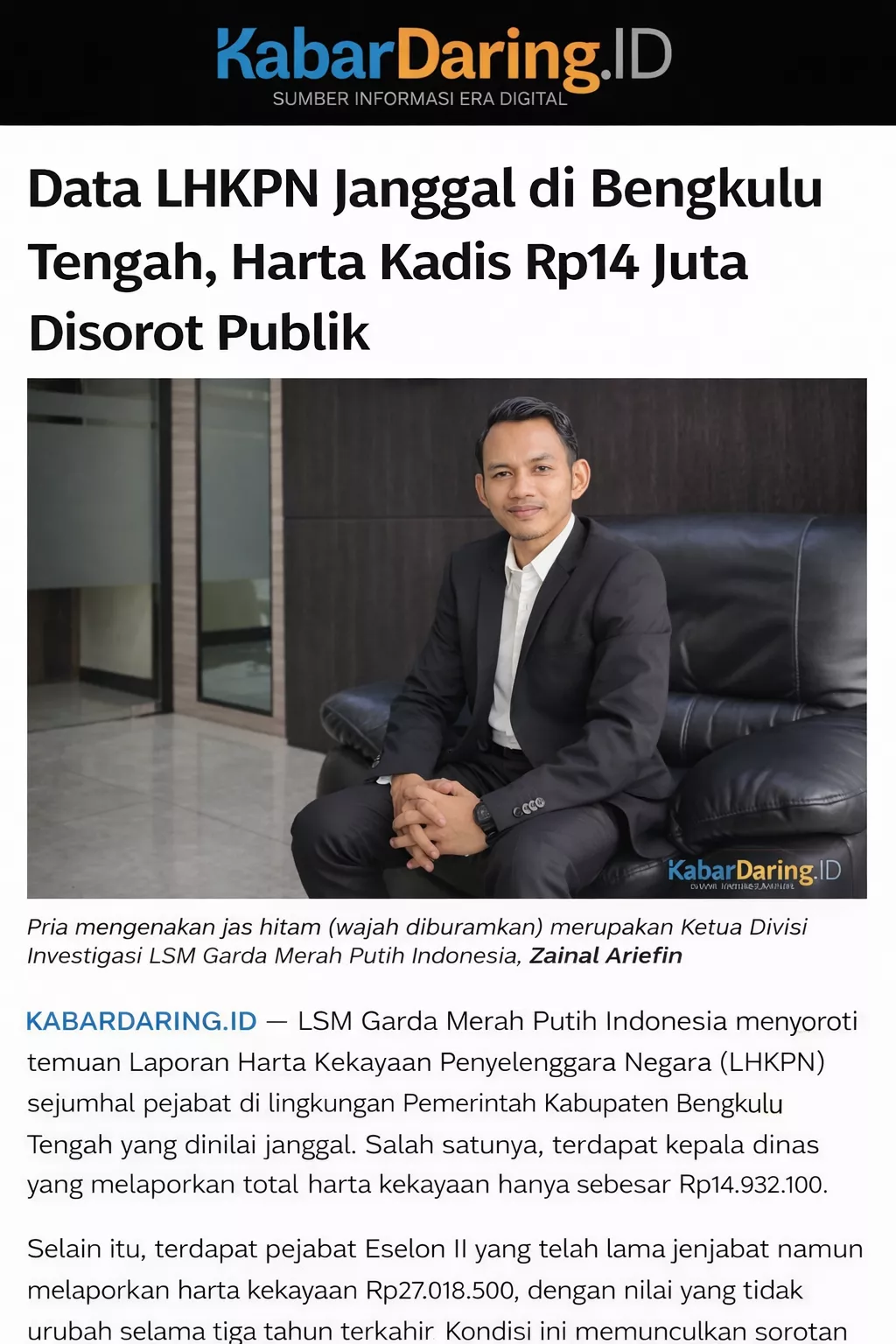 Kadis di Bengkulu Tengah Laporkan Harta Cuma Rp14 Juta, LHKPN Sejumlah Pejabat Disorot dan Diminta Diklarifikasi