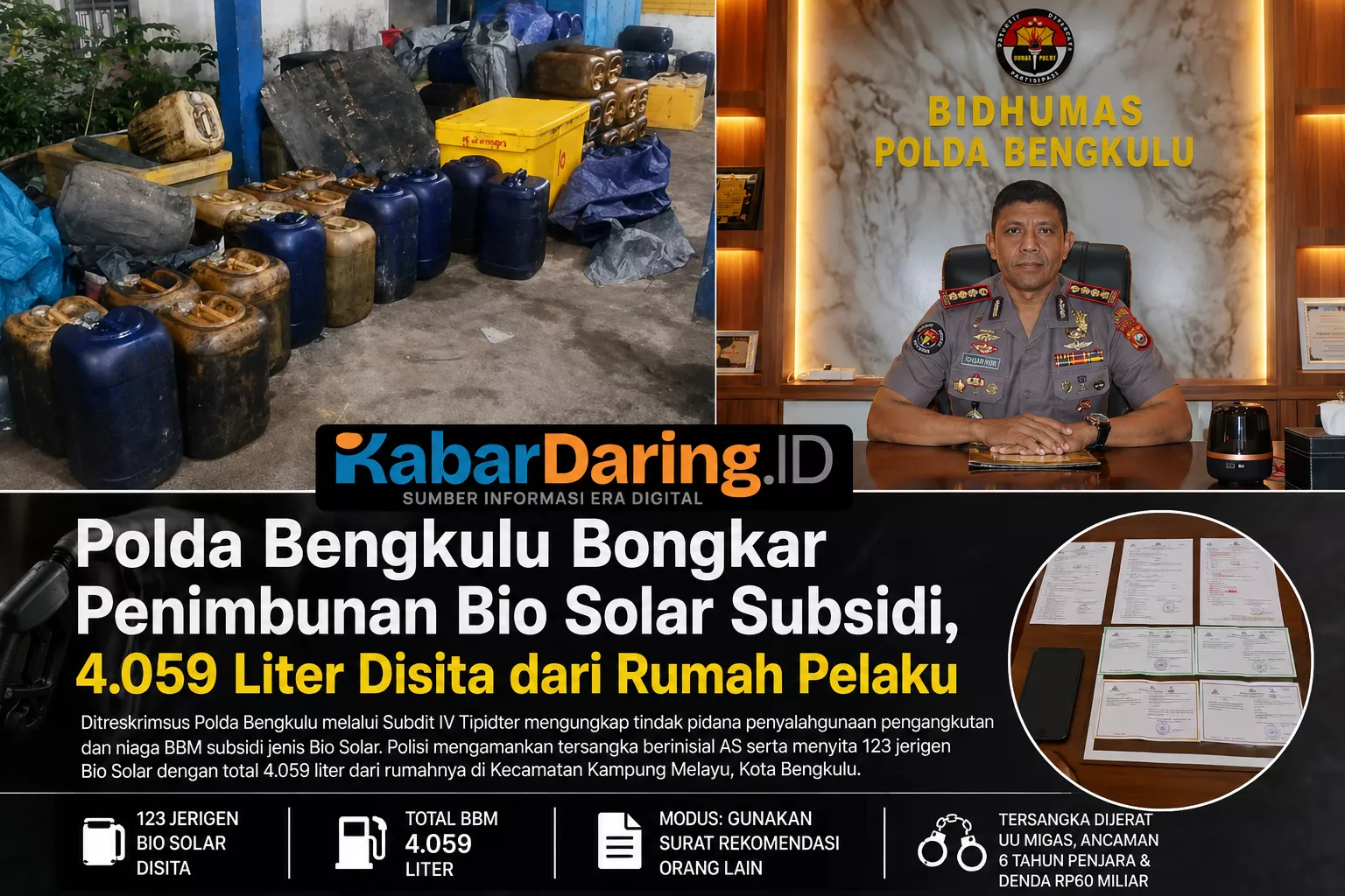 Polda Bengkulu Bongkar Penimbunan Bio Solar Subsidi, 4.059 Liter Disita dari Rumah Pelaku