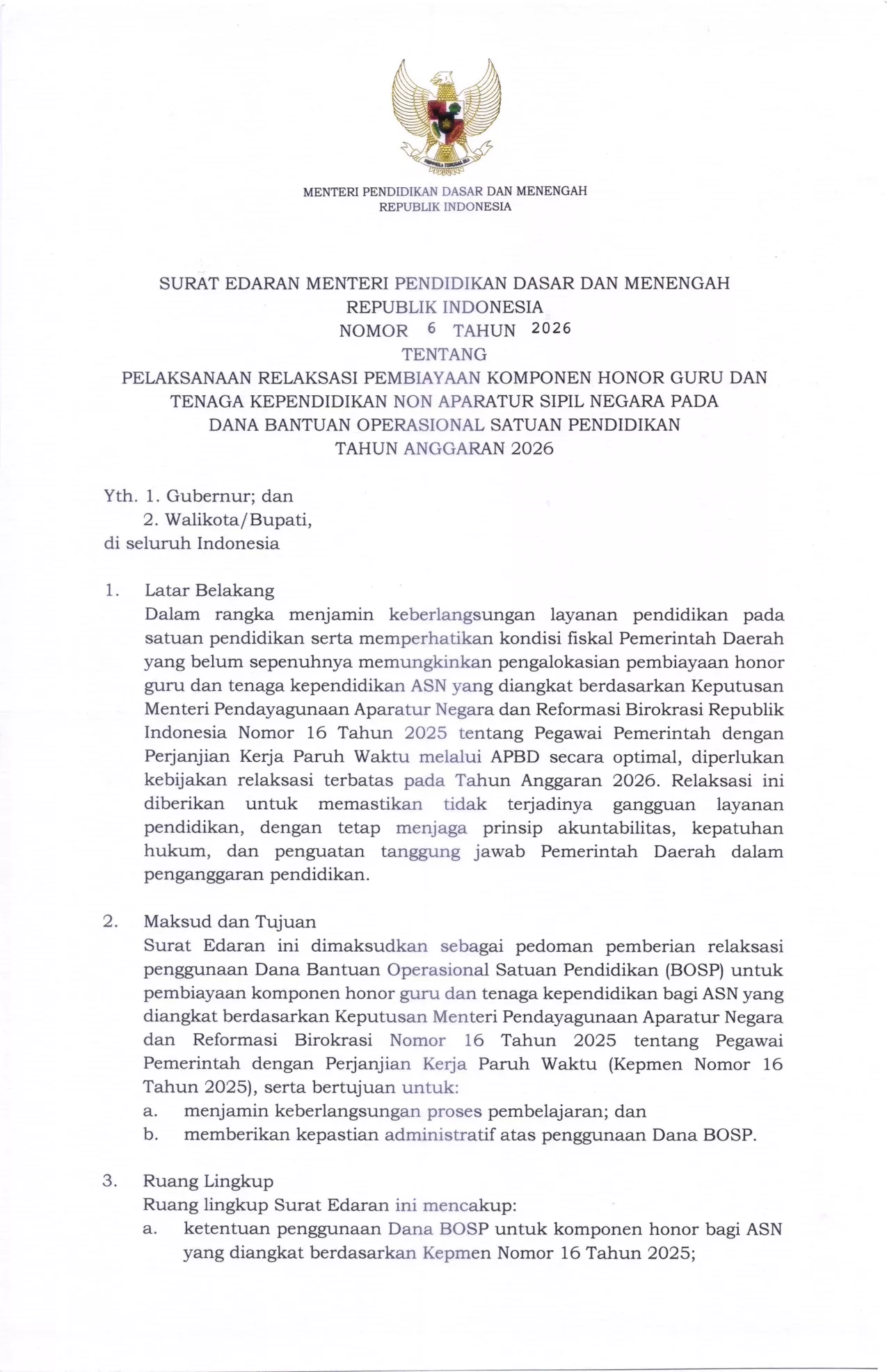 Kemendikdasmen Terbitkan Edaran Relaksasi Pembiayaan Honor Guru Non-ASN dari Dana BOS 2026