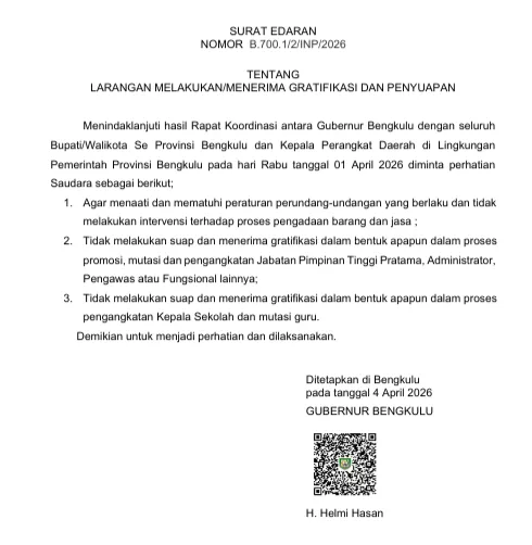 Gubernur Bengkulu Terbitkan Surat Edaran Larangan Gratifikasi dan Penyuapan