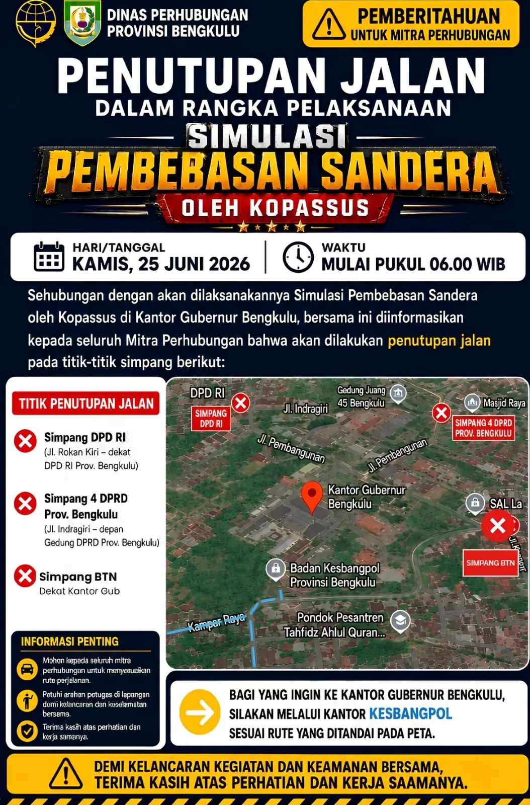 Simulasi Pembebasan Sandera Kopassus, Sejumlah Ruas Jalan di Sekitar Kantor Gubernur Bengkulu Ditutup