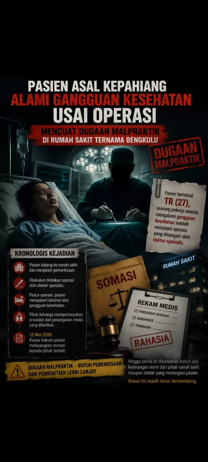 Usai Operasi di RS Ternama Bengkulu, Perempuan Asal Kepahiang Alami Gangguan Kesehatan, Dugaan Malpraktik Mencuat