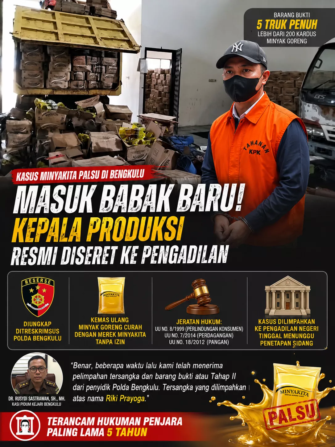 Kasus Minyakita Palsu di Bengkulu Masuk Babak Baru! Kepala Produksi Resmi Diseret ke Pengadilan