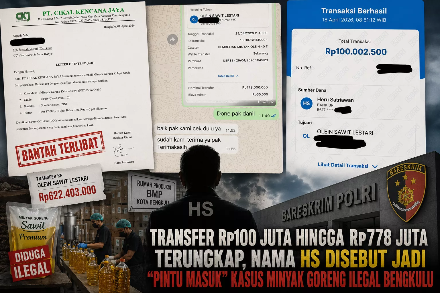 Transfer Rp100 Juta hingga Rp778 Juta Terungkap, Nama HS Diduga Jadi “Pintu Masuk” Kasus Minyak Goreng Ilegal Bengkulu