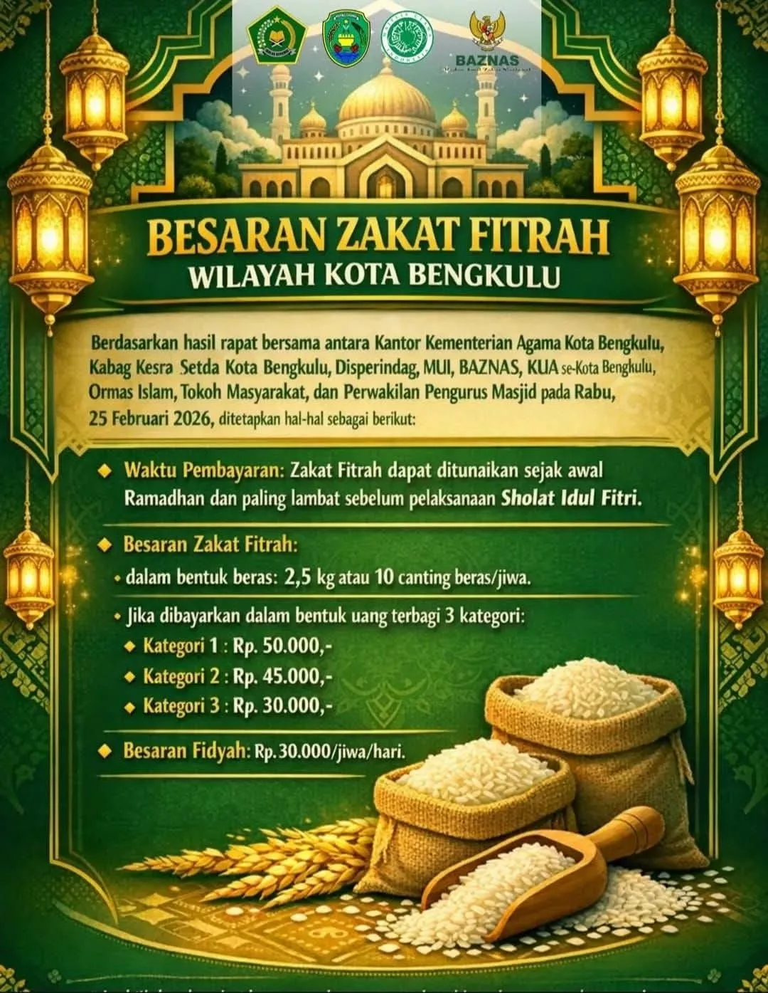 Zakat Fitrah Kota Bengkulu 1447 H Ditetapkan, Mulai Rp30 Ribu hingga Rp50 Ribu per Jiwa
