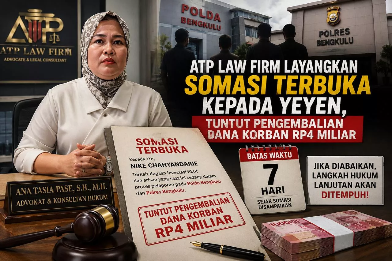 ATP Law Firm Layangkan Somasi Terbuka kepada Yeyen, Tuntut Pengembalian Dana Korban Rp4 Miliar