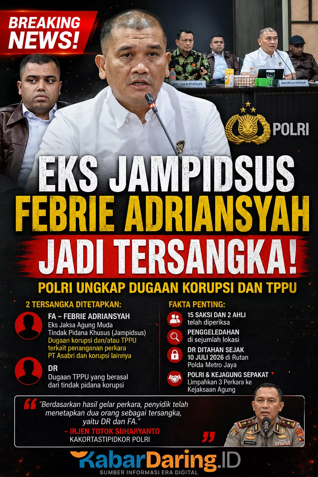 Breaking! Eks Jampidsus Febrie Adriansyah Jadi Tersangka, Polri Ungkap Dugaan Korupsi dan TPPU