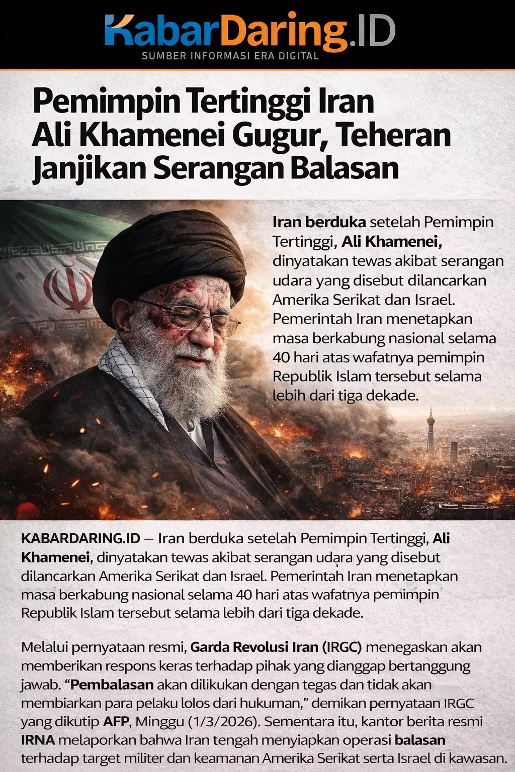 Pemimpin Tertinggi Iran Ali Khamenei Gugur, Teheran Janjikan Serangan Balasan