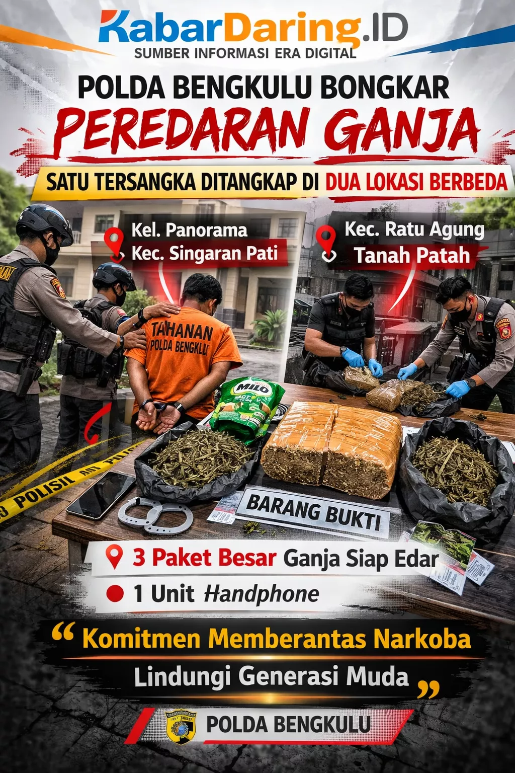 Polda Bengkulu Bongkar Peredaran Ganja, Satu Tersangka Ditangkap di Dua Lokasi Berbeda