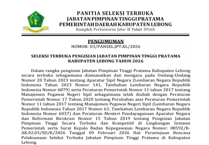 Pemkab Lebong Buka Seleksi Terbuka Empat Jabatan Eselon II dan Sekda, Pendaftaran hingga 31 Maret