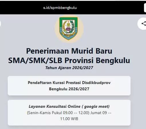 SPMB SMA/SMK/SLB Bengkulu 2026 Resmi Dibuka, Dikbud Siapkan Layanan Konsultasi Online
