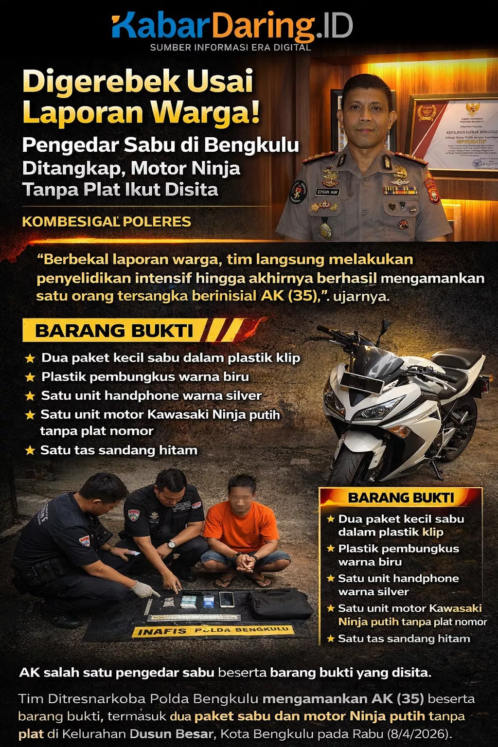 Digerebek Usai Laporan Warga! Pengedar Sabu di Bengkulu Ditangkap, Motor Ninja Tanpa Plat Ikut Disita