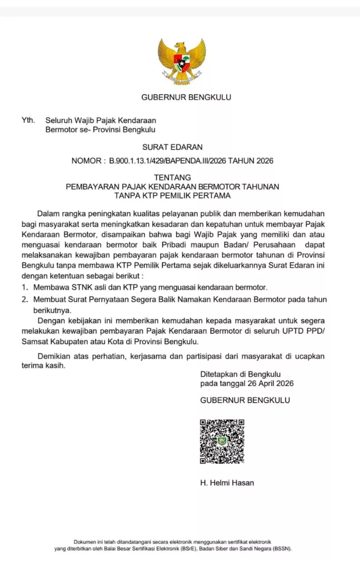 Tak Perlu Lagi Cari KTP Pemilik Lama! Terobosan Gubernur Helmi Hasan Permudah Bayar Pajak Kendaraan di Bengkulu