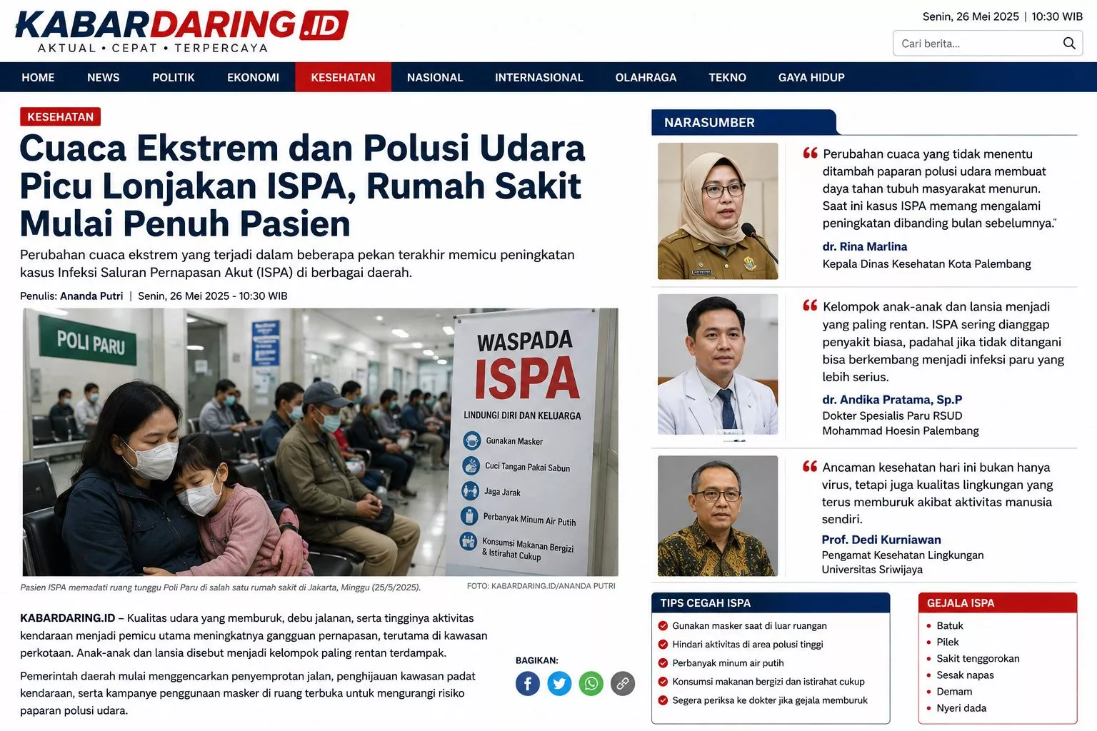 Cuaca Ekstrem dan Polusi Udara Picu Lonjakan ISPA, Rumah Sakit Mulai Penuh Pasien