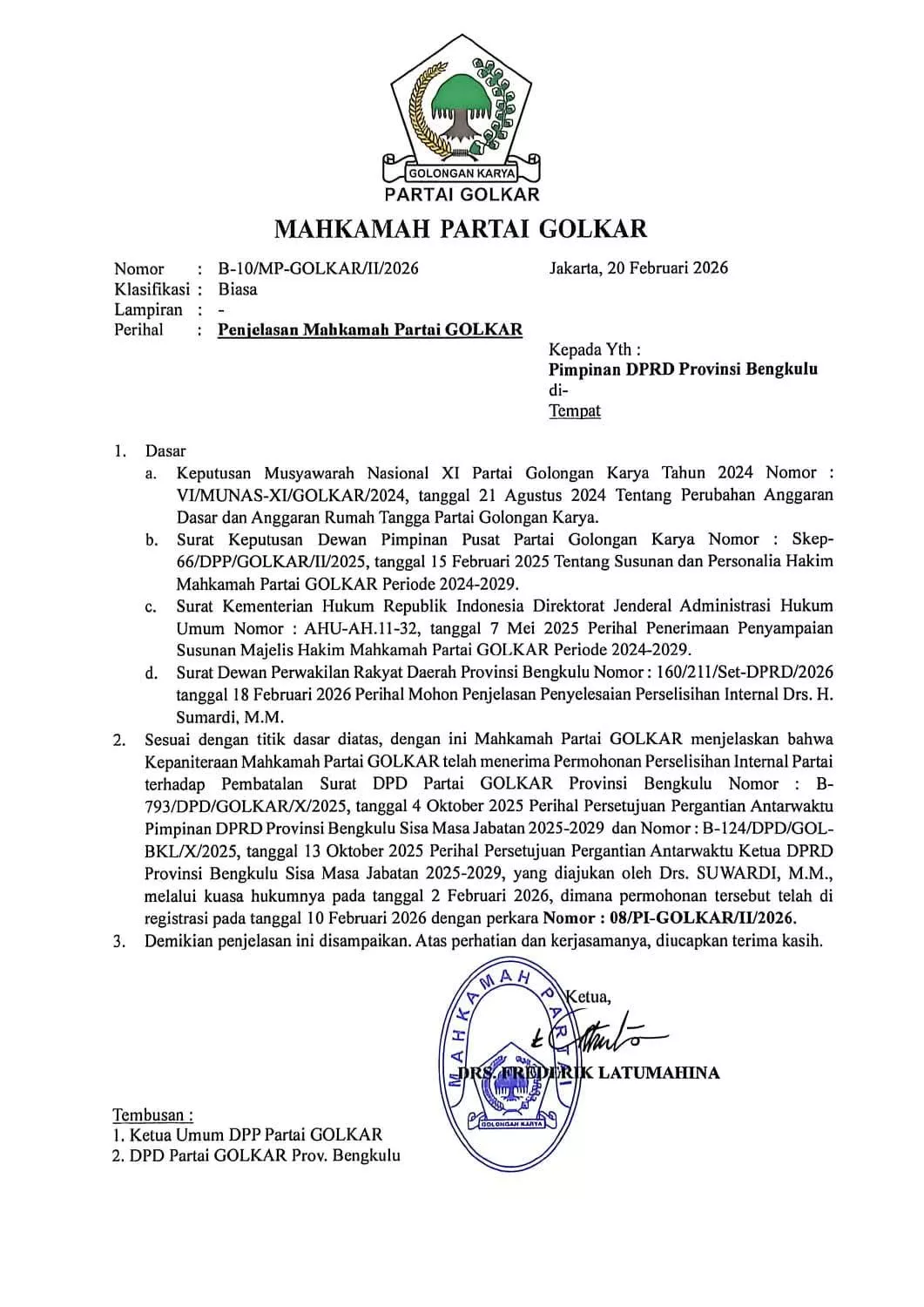 PAW Ketua DPRD Bengkulu Belum Aman, Sumardi Gugat ke Mahkamah Partai Golkar