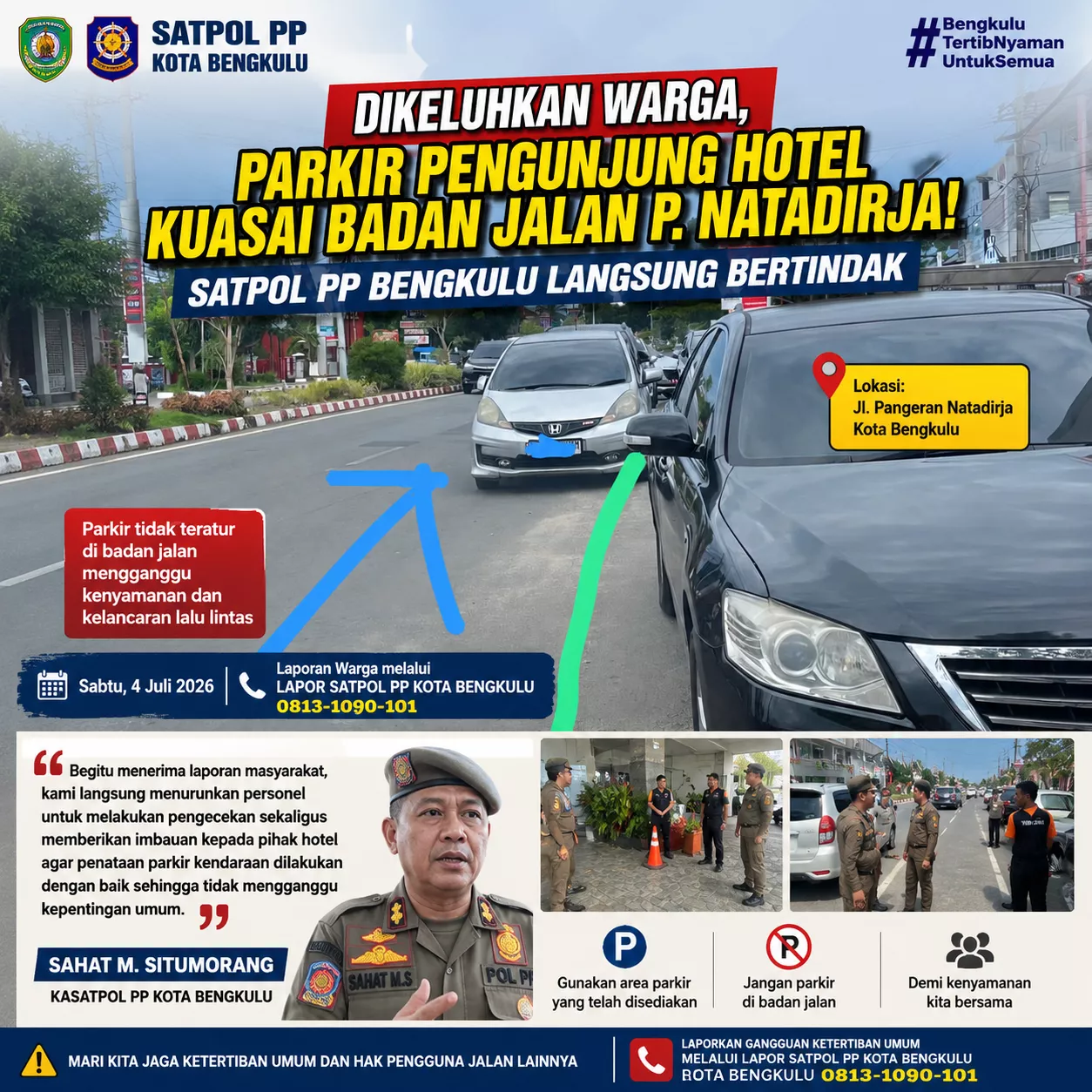 Dikeluhkan Warga, Parkir Pengunjung Hotel Kuasai Badan Jalan P. Natadirja! Satpol PP Bengkulu Langsung Bertindak