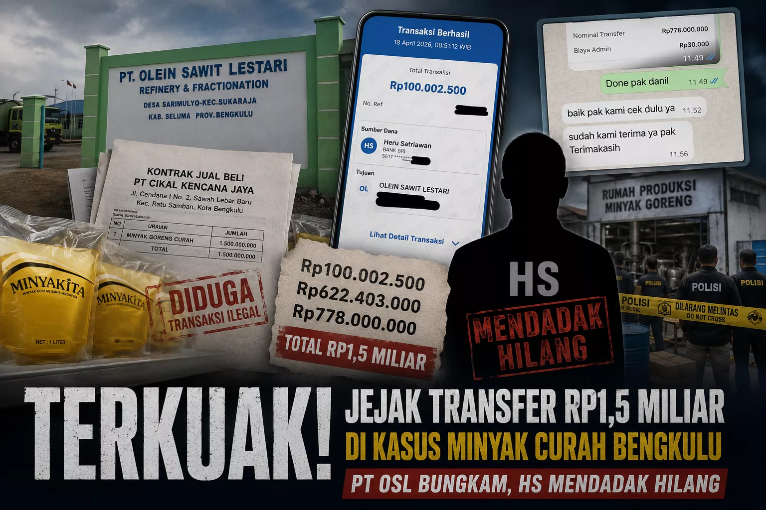 Terkuak! Jejak Transfer Rp1,5 Miliar di Kasus Minyak Curah Bengkulu, PT OSL Bungkam, HS Mendadak Hilang